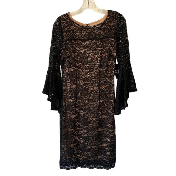 NEW YORK & COMPANY Black Lace & Sequins Bell-Sleeve Cocktail Dress NWT Size XS - Picture 2 of 8